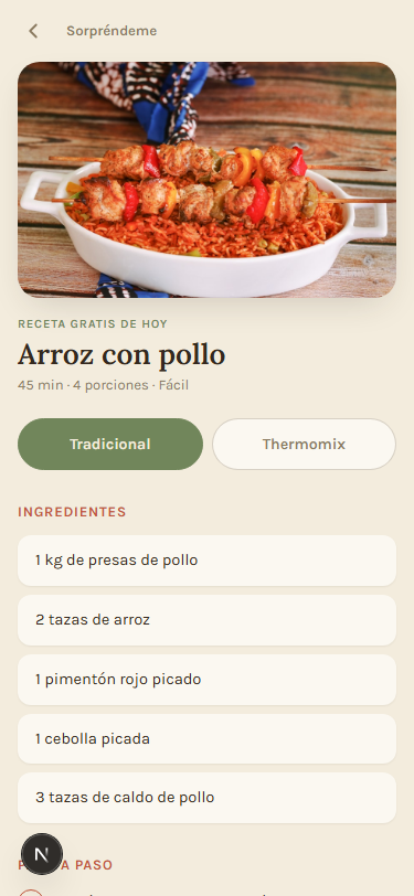 Receta de Arroz con pollo abierta en CocinaReal, con el selector Tradicional/Thermomix visible